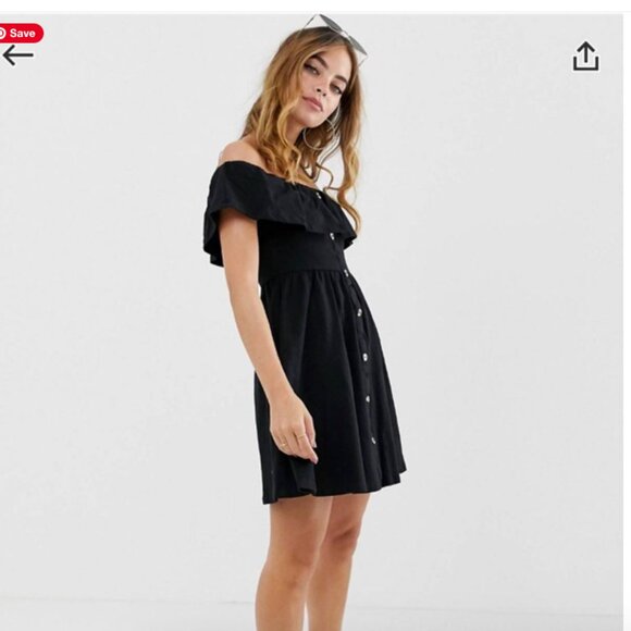 ASOS DESIGN Dress Black Off Shoulder Ruffle Button Through Size 0 Brand New - Picture 6 of 6